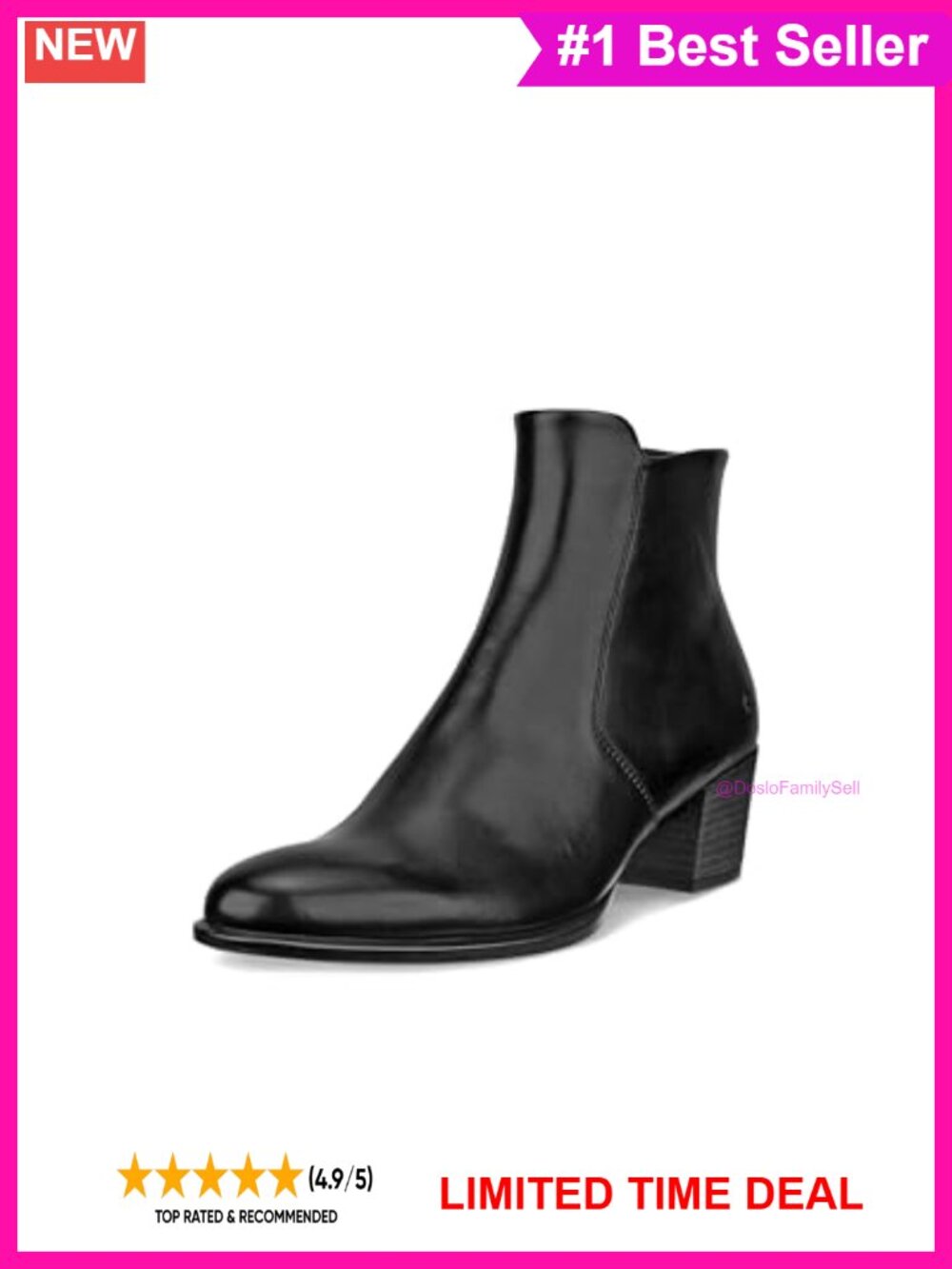 ECCO Leather Ankle Bootie Block Heel Zip Round Toe